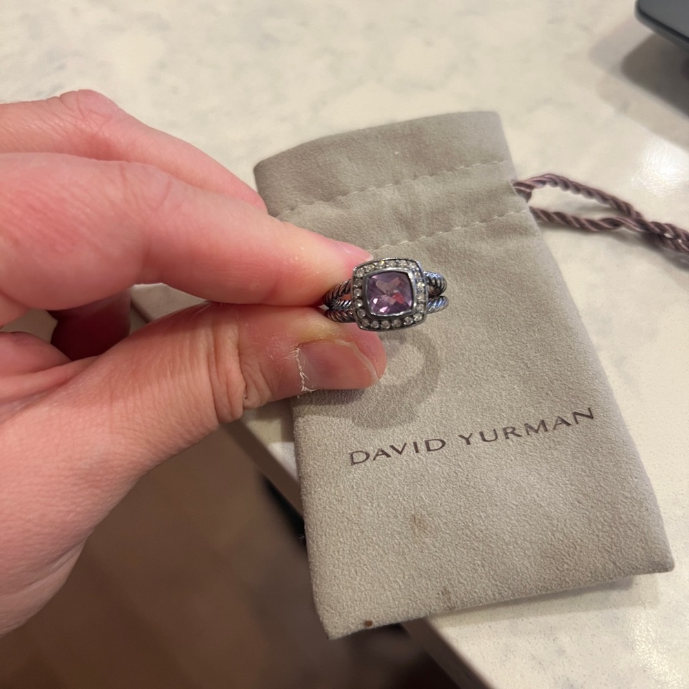 David Yurman Petite Albion Amethyst and Pave Diamond Ring Size 5 with Pouch